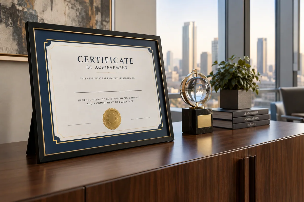 Illustrative product mockup: framed certificate of achievement with a gold seal displayed on an office credenza