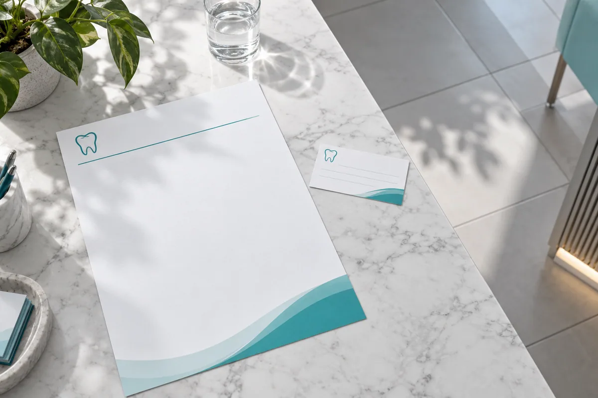 Illustrative product mockup: dental letterhead with a teal tooth logo and a matching business card on a bright clinic desk