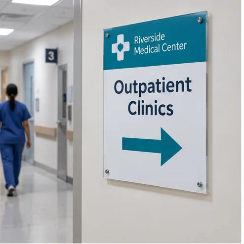 Illustrative product mockup: teal and white outpatient-clinic direction sign with a right arrow in a medical centre corridor