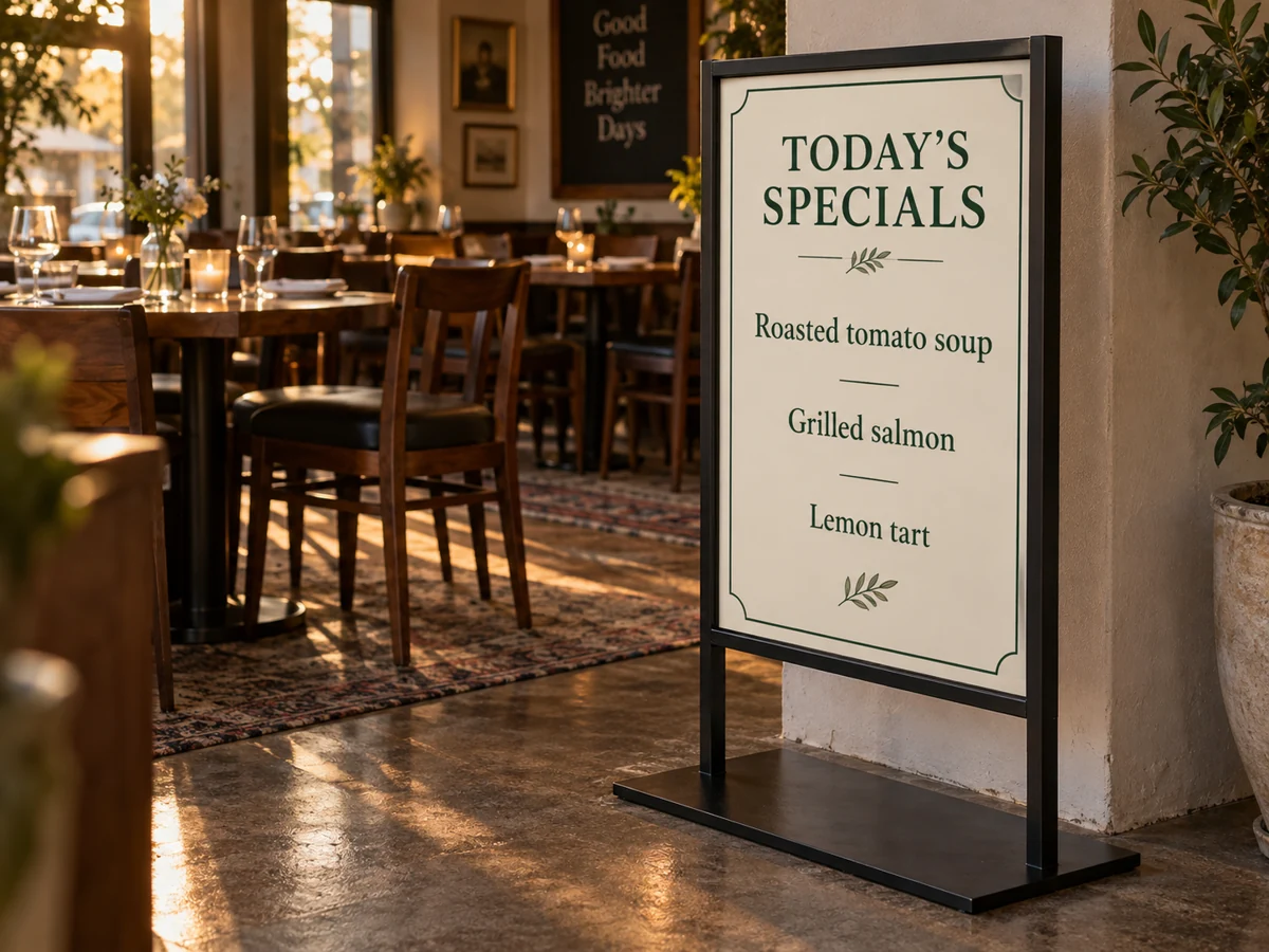 Illustrative product mockup: restaurant specials menu displayed in a black freestanding floor sign holder