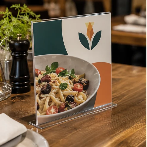 Illustrative product mockup: printed restaurant food-promotion insert displayed in a clear tabletop holder