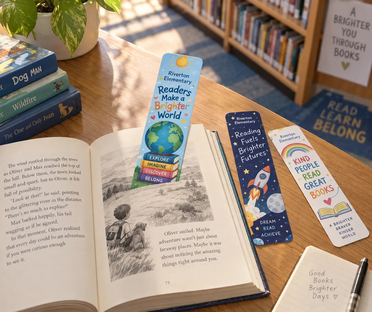 Illustrative product mockup: three colourful school reading bookmarks beside an open book in a library