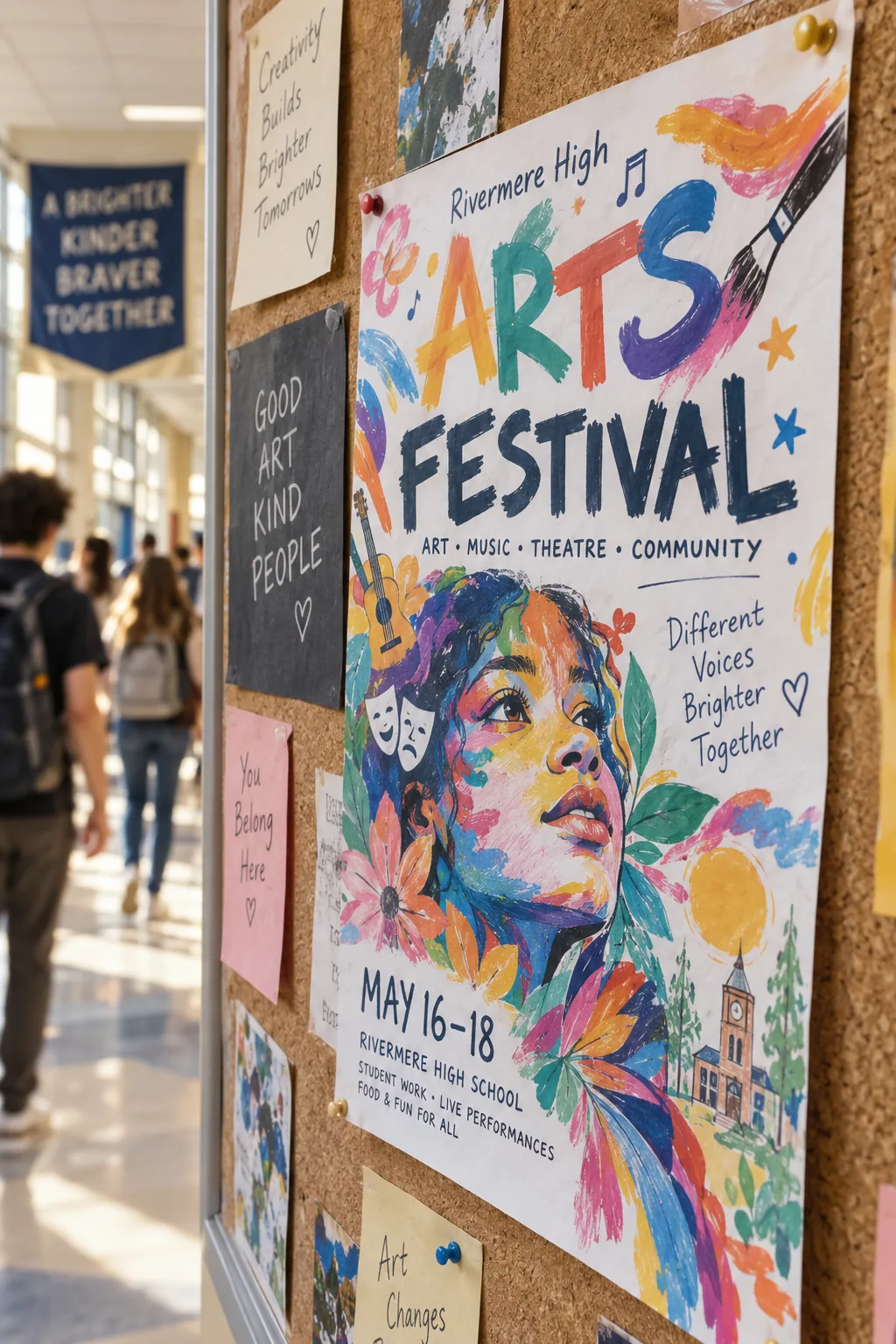 Illustrative product mockup: colourful printed arts-festival poster pinned to a school hallway noticeboard