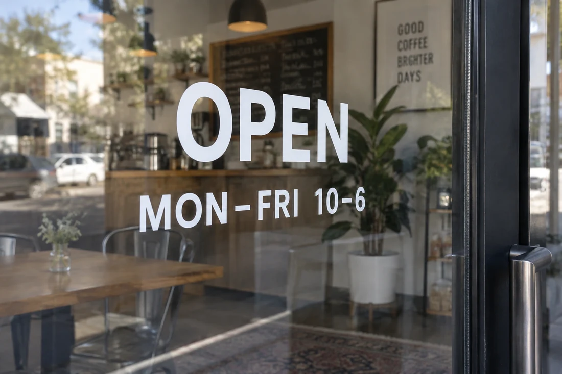 Shop hours & door lettering