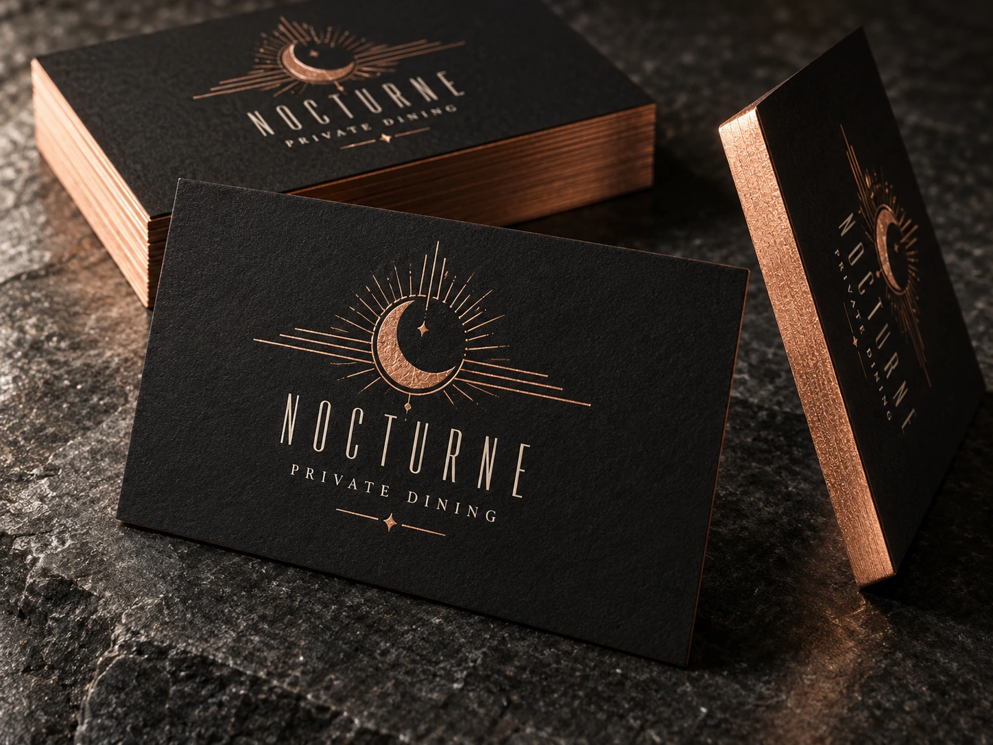 Dark Nocturne business card artwork with metallic foil edges