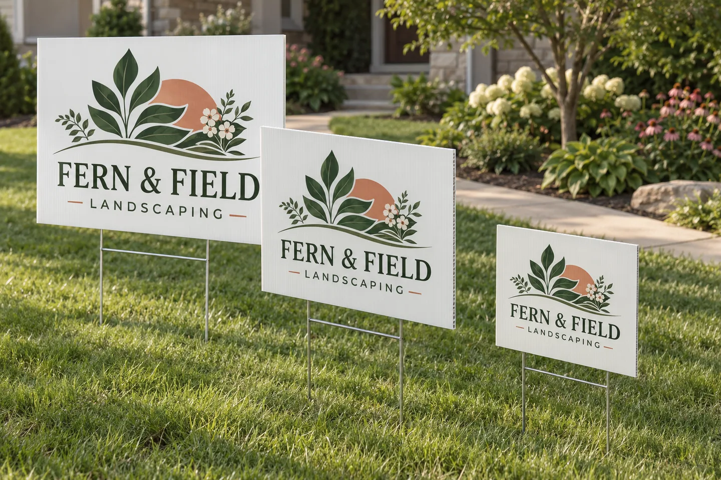Illustrative product mockup: three differently sized FERN & FIELD landscaping signs on metal H stakes, with visible corrugated edges, on a lawn