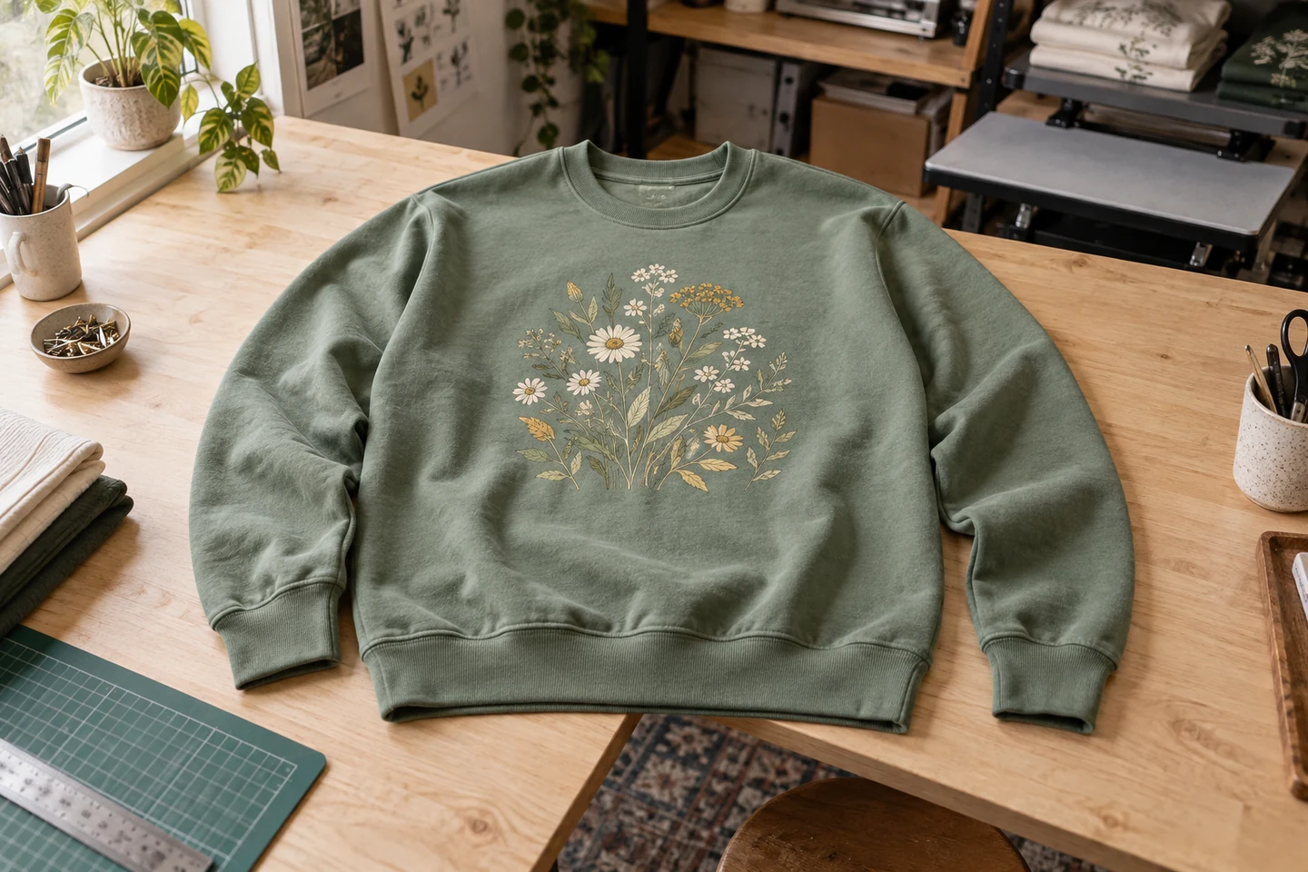 Illustrative product mockup: sage crewneck sweatshirt with a wildflower print on a maple studio table