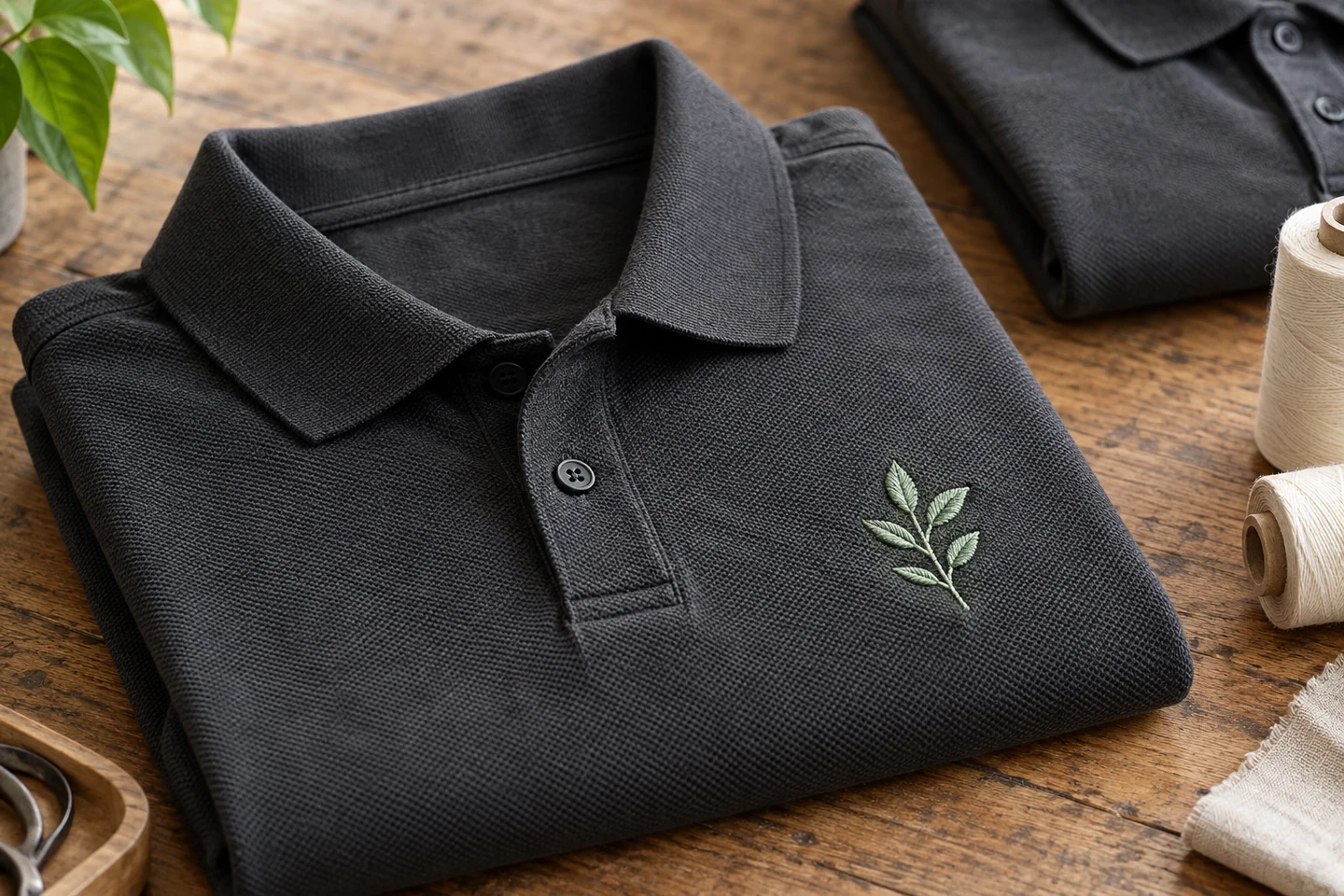 Illustrative product mockup: charcoal cotton polo with raised mint leaf embroidery