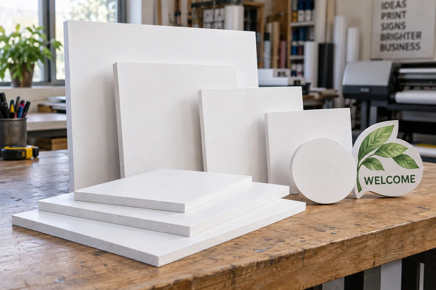 Illustrative product mockup: white paper-faced foamcore boards in different sizes and shapes, with exposed foam edges, on a workshop table