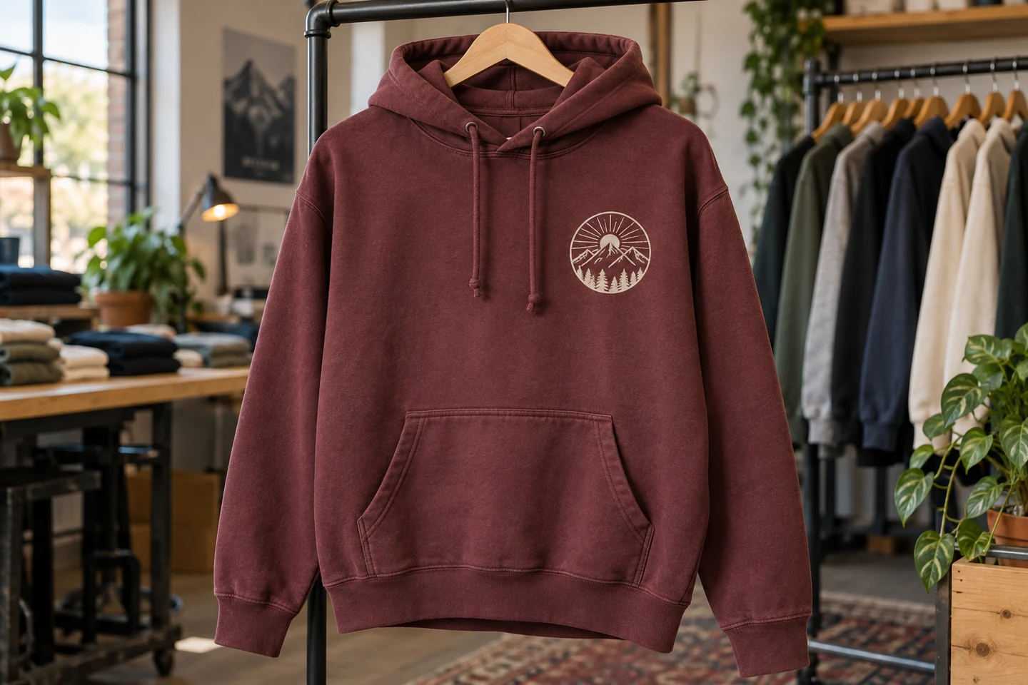 Illustrative product mockup: burgundy fleece hoodie with a cream mountain badge in an apparel workshop