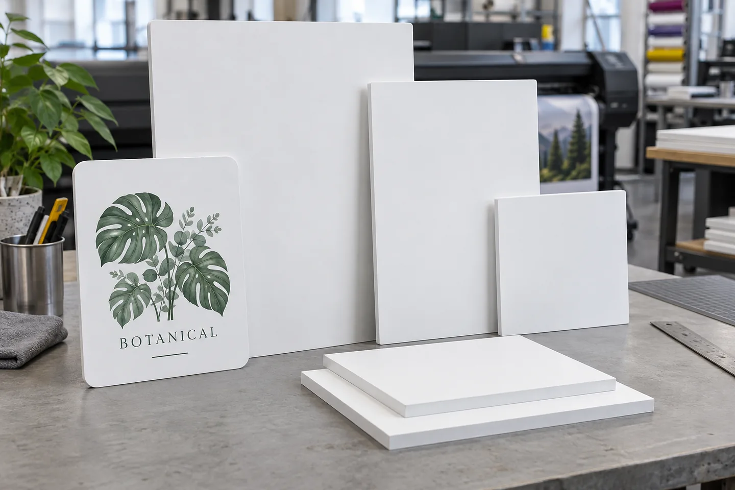 Illustrative product mockup: smooth white rigid PVC sign panels in several sizes, with a botanical printed sample, on a workshop bench