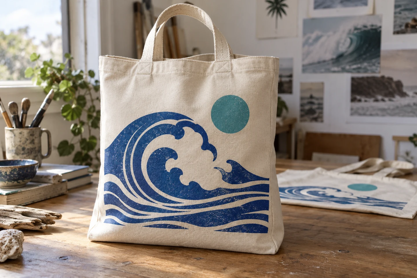 Illustrative product mockup: natural canvas tote printed with an original blue wave and turquoise sun