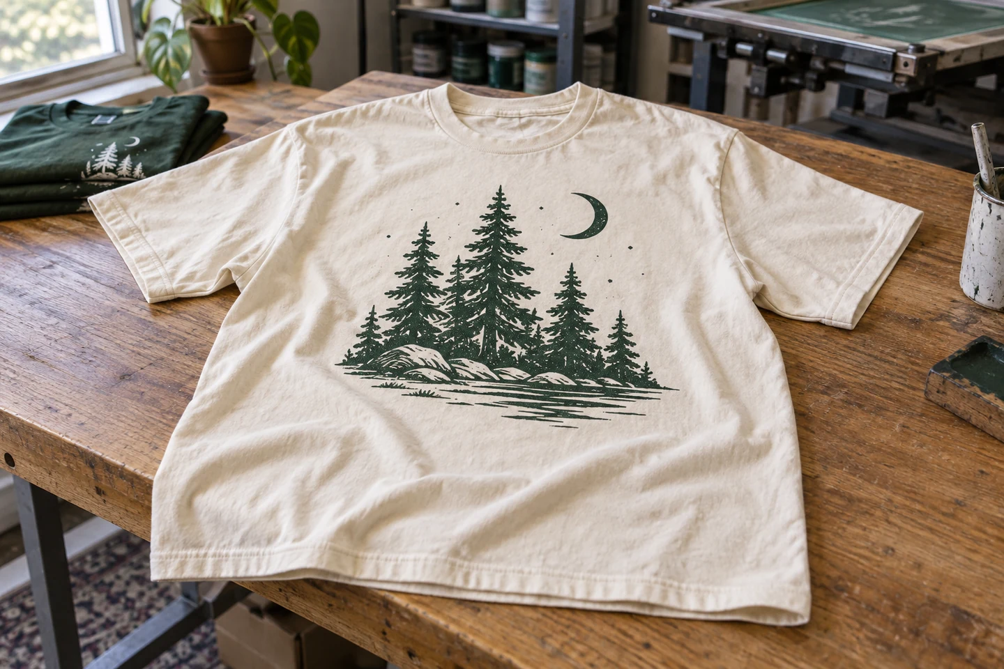 Illustrative product mockup: cream cotton T-shirt with a forest and moon print on a wood studio table