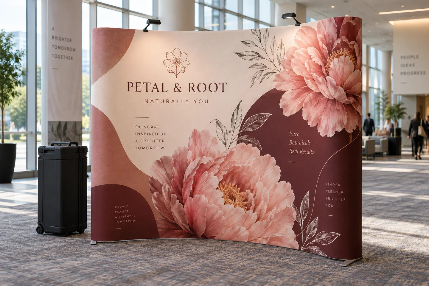 Illustrative product mockup: curved floral portable pop-up backdrop with top lamps, base feet and a wheeled carrying case in a convention foyer