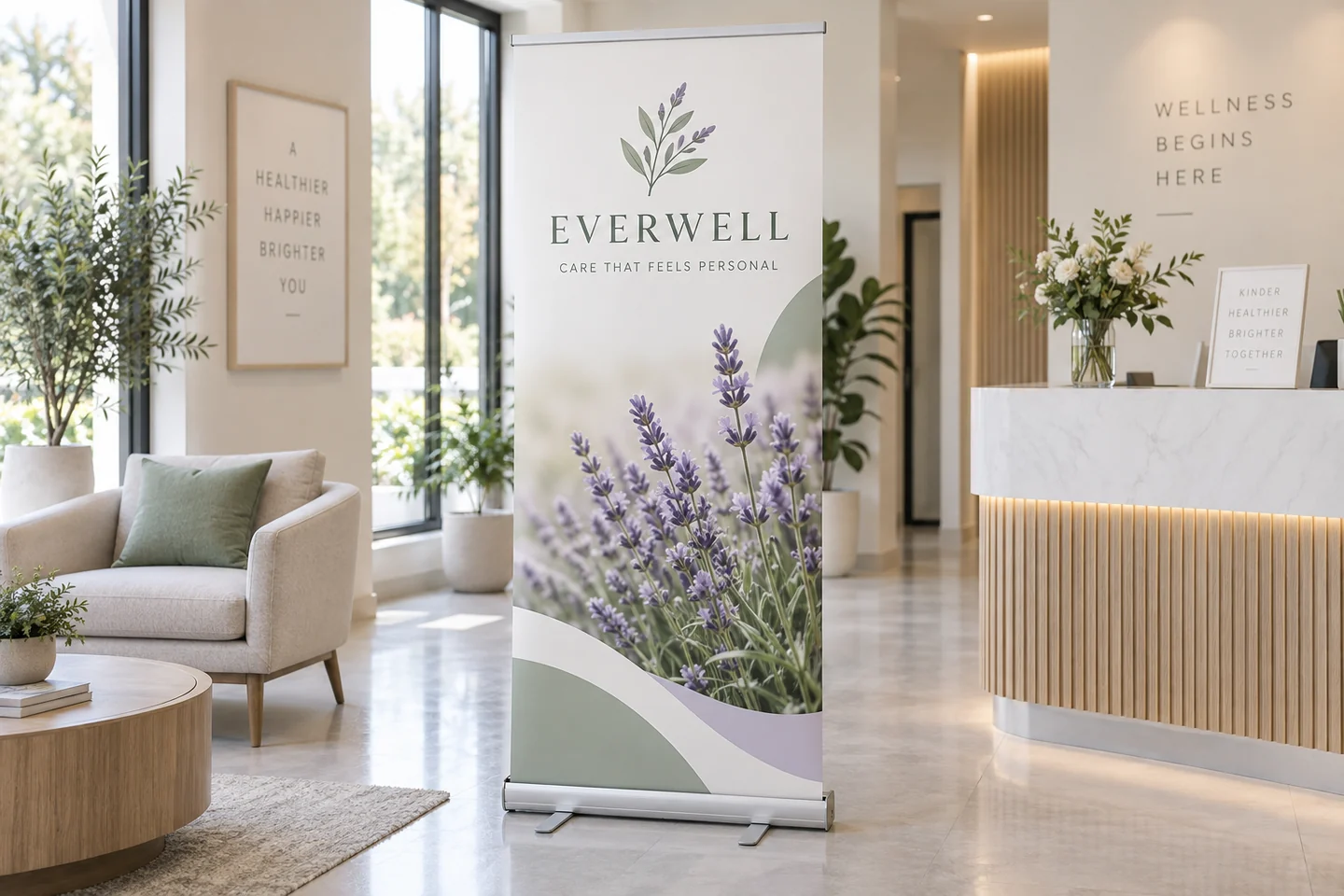 Illustrative product mockup: sage and lavender wellness roll-up banner with a full aluminium cassette base and swivel feet in a bright reception