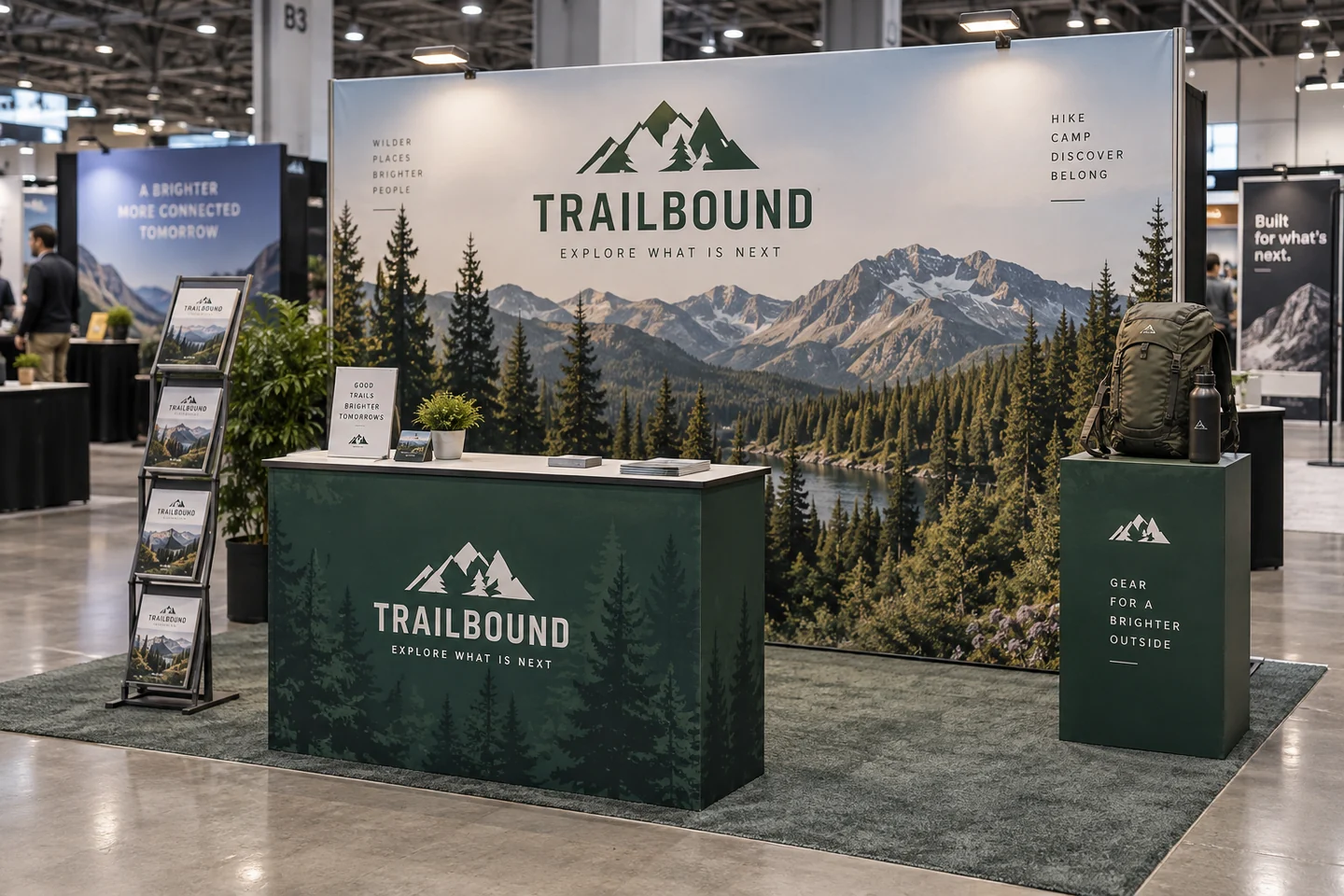 Illustrative product mockup: coordinated forest-themed exhibition backdrop, printed counter, brochure rack and product pedestal at a trade show