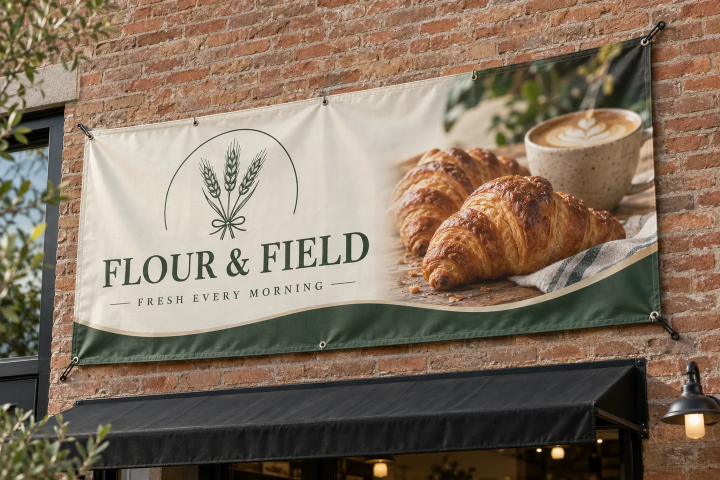 Illustrative product mockup: cream and green café vinyl banner with croissant artwork, hemmed edges and metal grommets secured to a brick wall