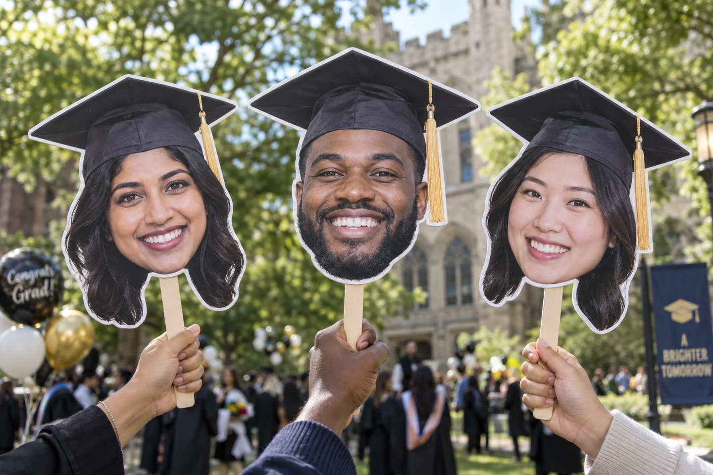 Illustrative product example: Three fictional adult graduate photo head cutouts on wooden paddles with white rigid-board edges