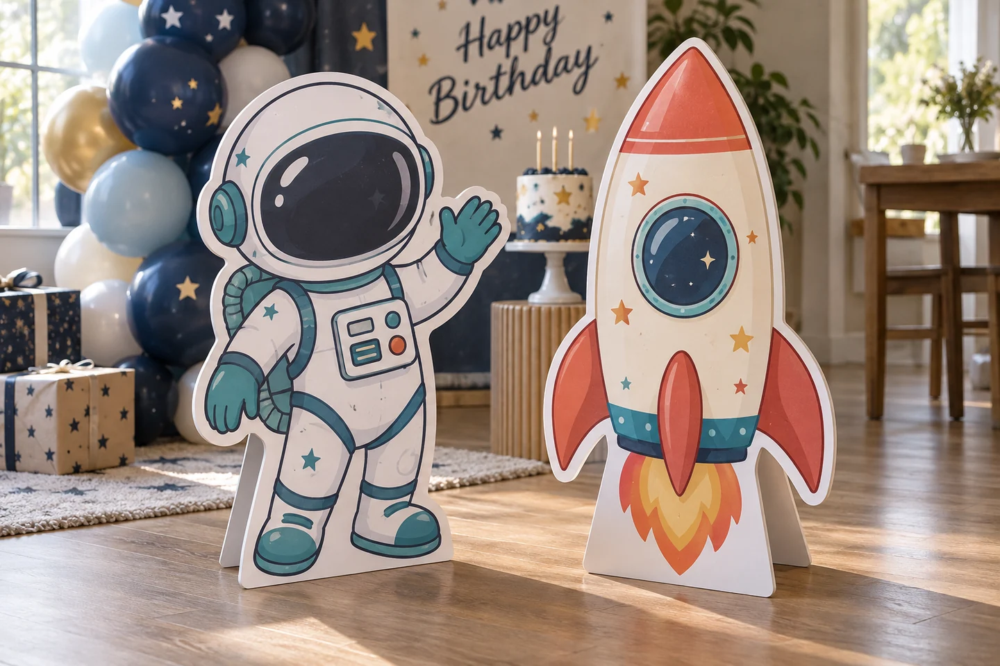 Illustrative product example: Flat printed astronaut and rocket party cutouts with white foamboard edges and physical easel supports