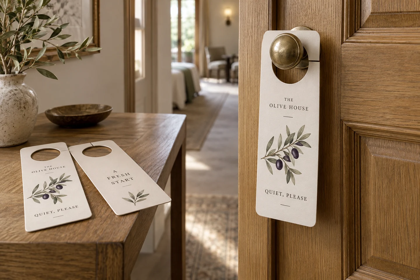 Illustrative product example: Printed die-cut neighbourhood door hangers with a working knob opening, hanging from a door handle beside loose samples