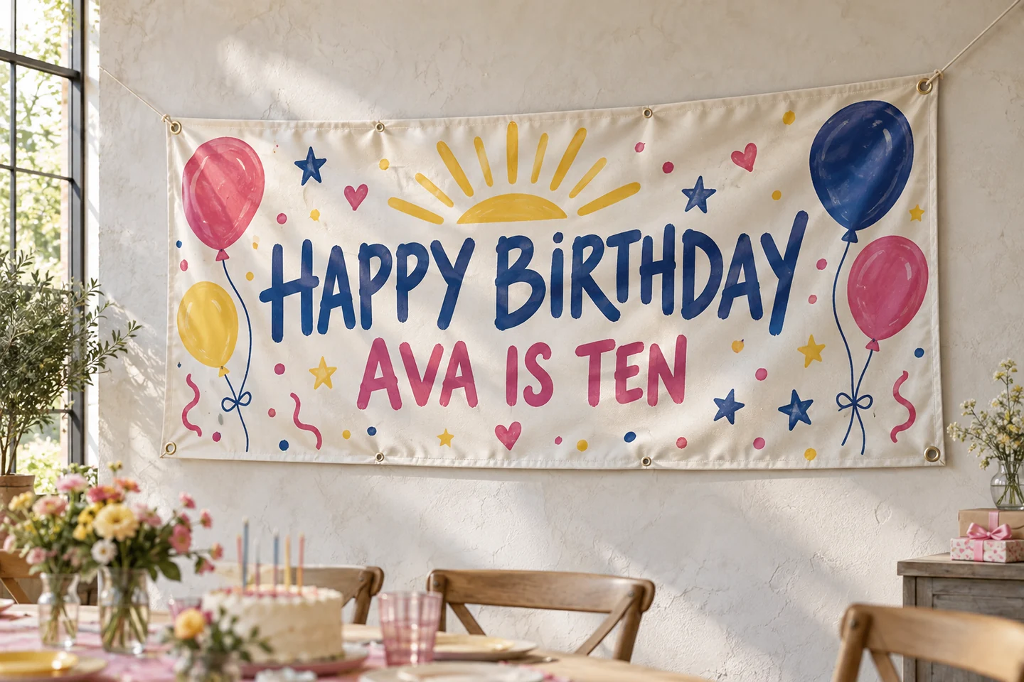 Illustrative product example: A printed birthday banner with hemmed edges, grommets and realistic flexible material at a celebration