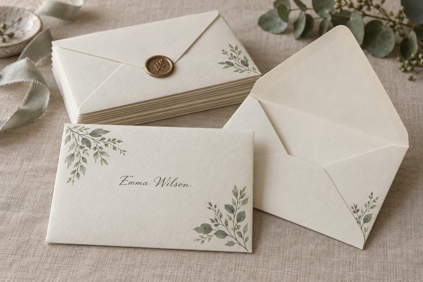 Illustrative product example: Printed invitation envelopes showing an addressed front, an open functional flap and a stacked paper back view