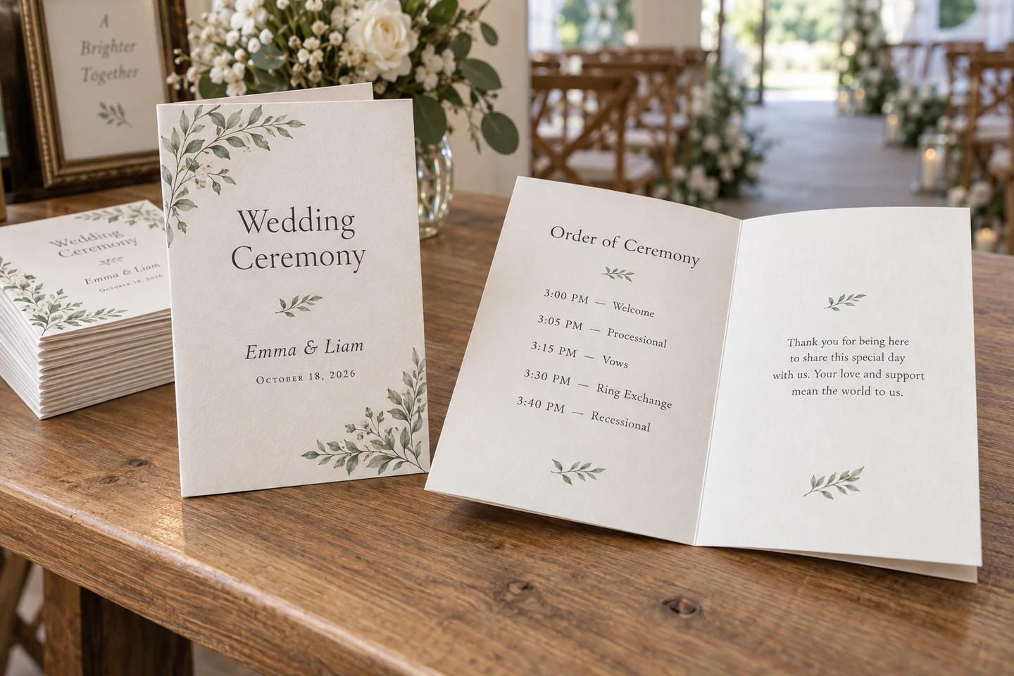 Illustrative product example: A folded Wedding Ceremony programme with an opened order-of-ceremony interior and visible paper pages