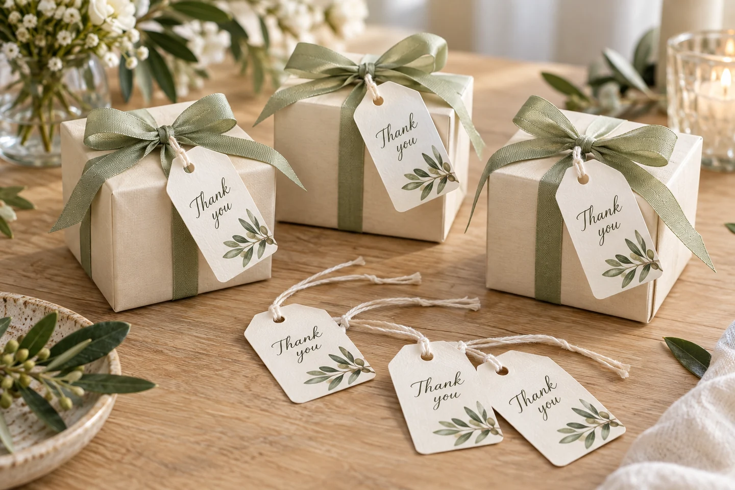 Illustrative product example: Small punched wedding favour tags tied to gift boxes with cotton strings, beside loose printed tags