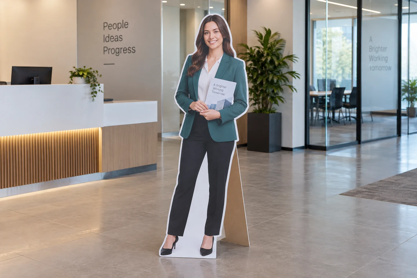 Illustrative product example: A full-height fictional businesswoman photo printed on a foamboard standee with a visible cardboard easel in a foyer