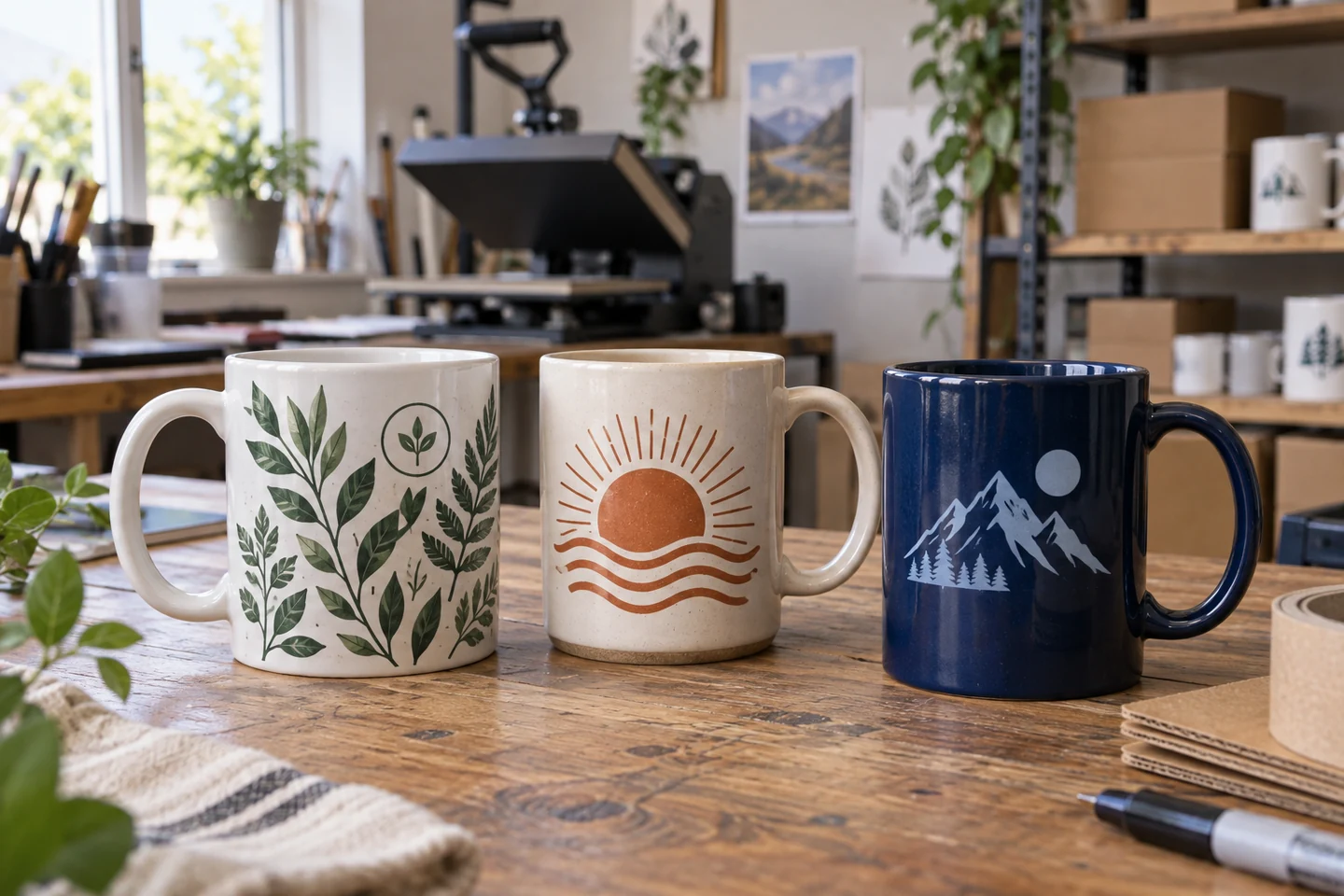 Illustrative product example: Three ceramic printed mugs with distinct botanical, sun and mountain designs in a customization workshop