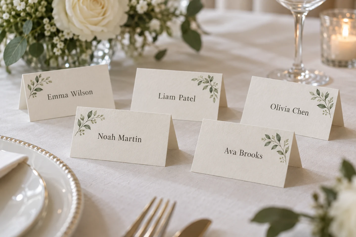 Illustrative product example: Five small folded wedding guest-name place cards on a table, showing individual names rather than table numbers