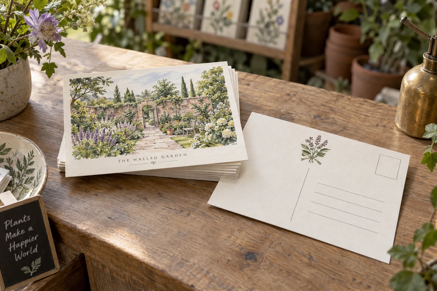 Illustrative product example: Two-sided botanical postcards with a printed address reverse and a textured paper stack on a worktable