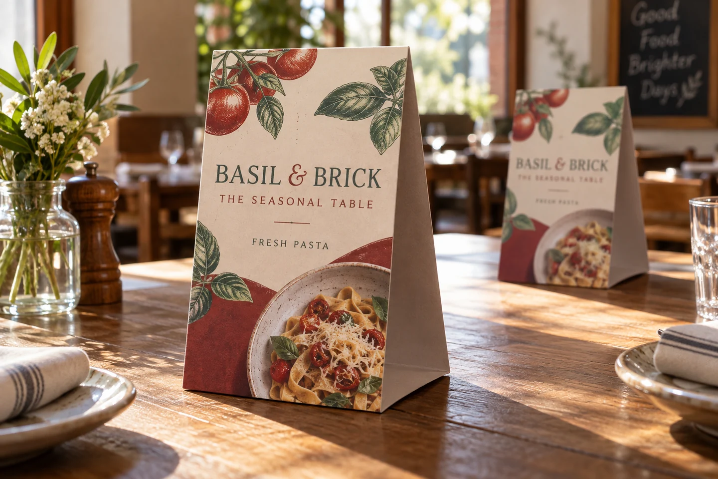 Illustrative product example: Folded restaurant menu tent cards with food photography and a visible triangular base on a dining table