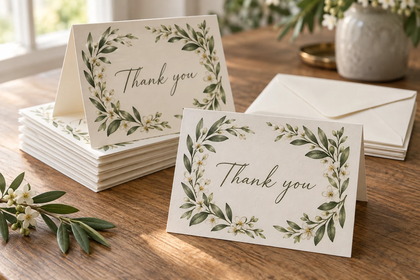 Illustrative product example: A stack of small folded botanical Thank you cards with a visible blank interior and matching paper envelopes