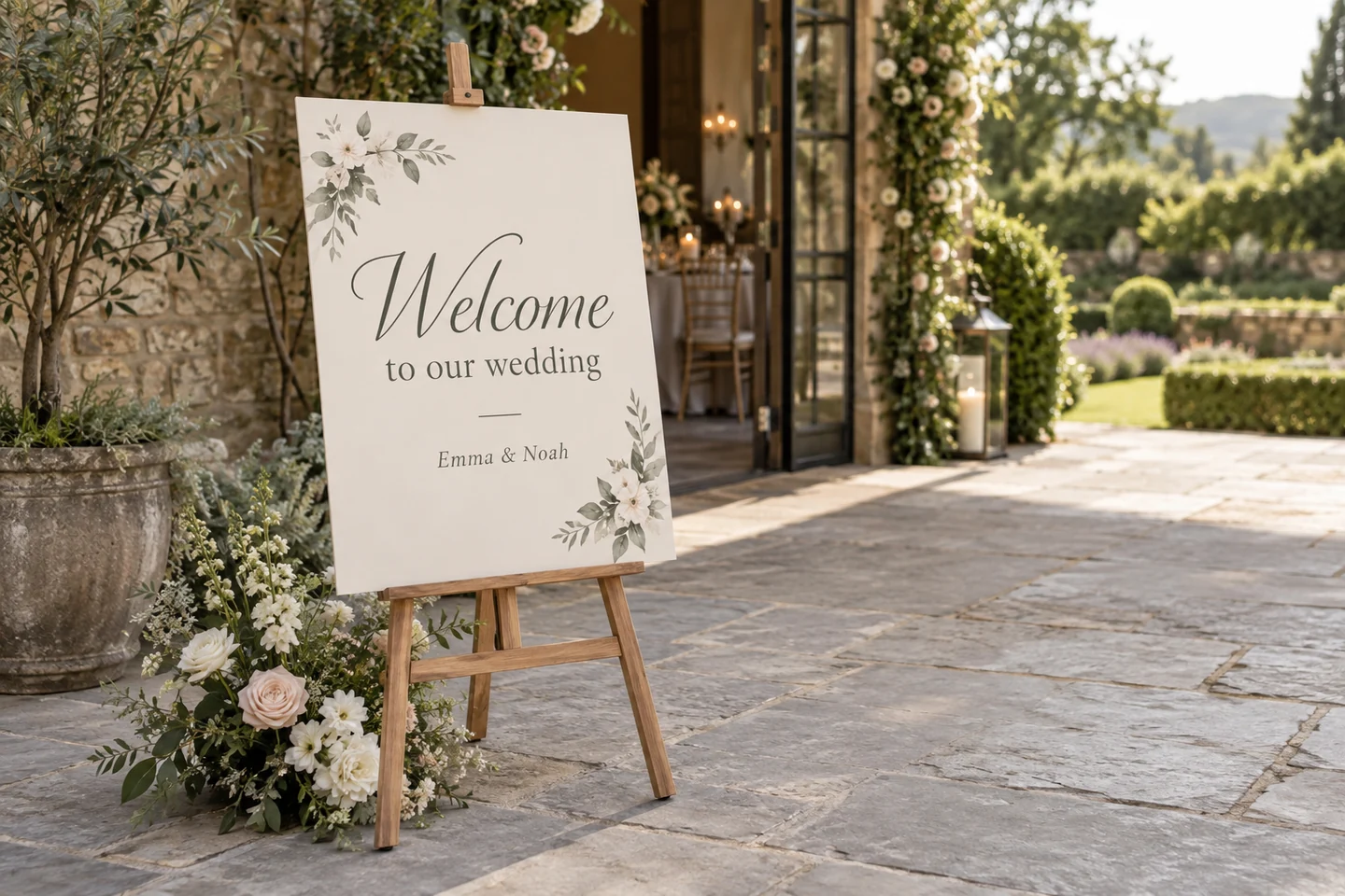 Illustrative product example: An ivory wedding welcome sign for Emma and Noah on a complete wooden easel with flowers at a garden venue